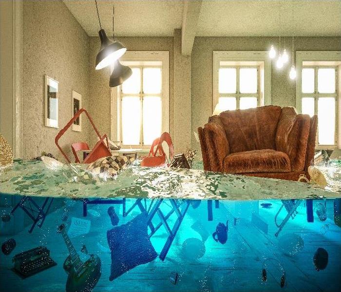 living room flooded with floating chair